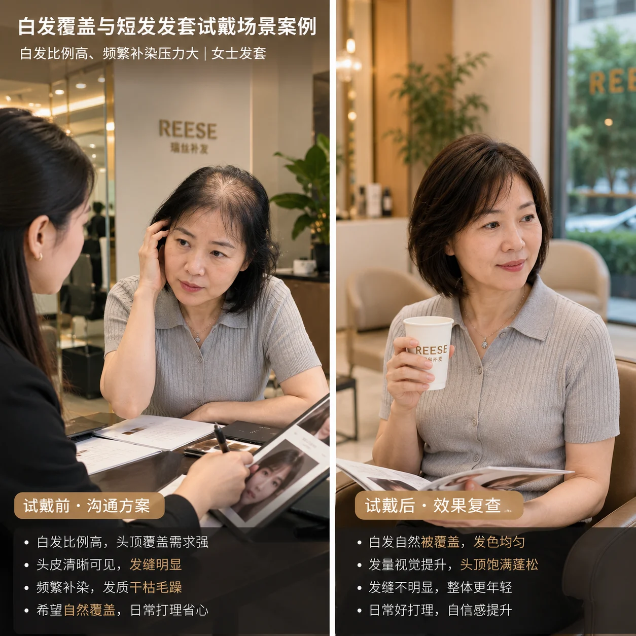 REESE瑞茜假发匿名案例|白发覆盖与短发发套试戴场景